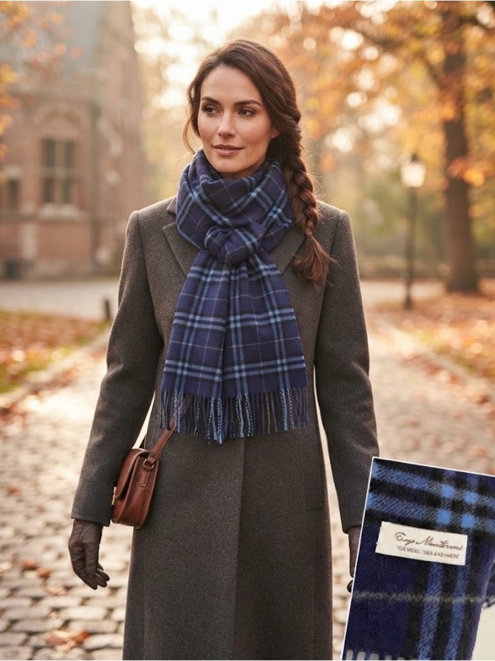 Enzo Mantovani 70% Wool / 30% Cashmere Blue Plaid Scarf - Soft Fringe